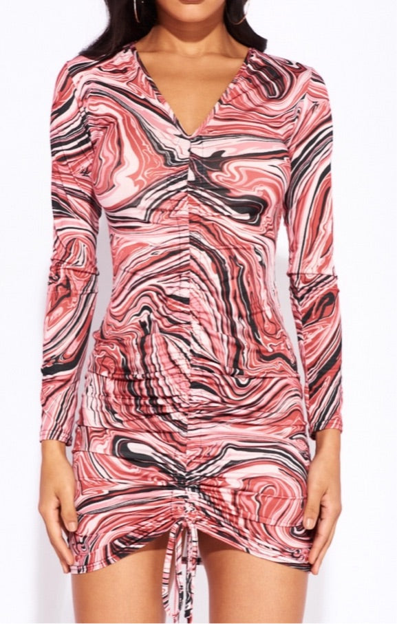 pink marble dress long sleeve Alana-Marble Runched Mini Dress – Sage Boutique Shop